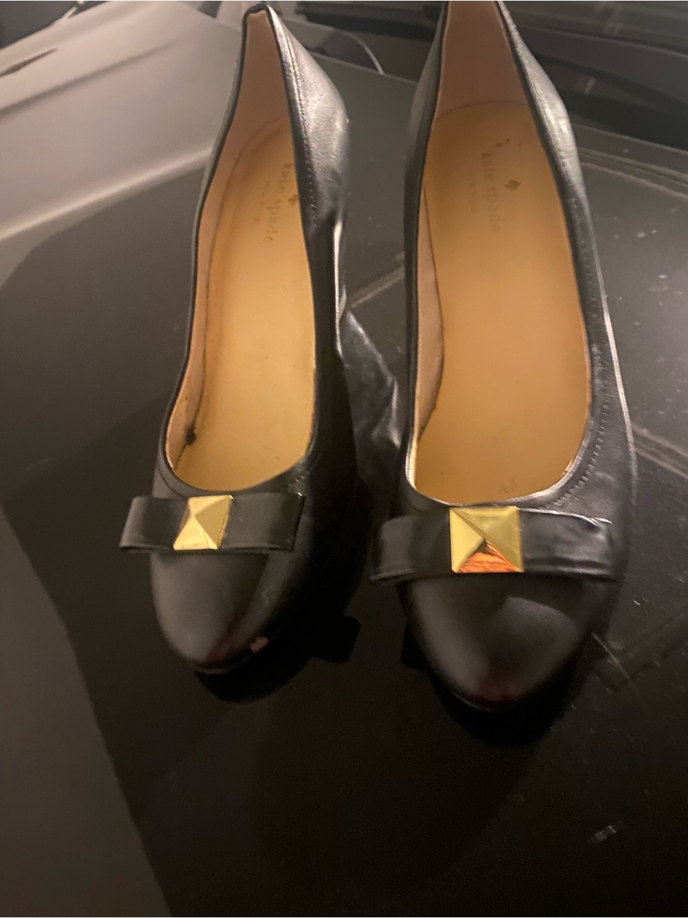 kate spade Black Leather Heels with Gold Pyramid Bow
